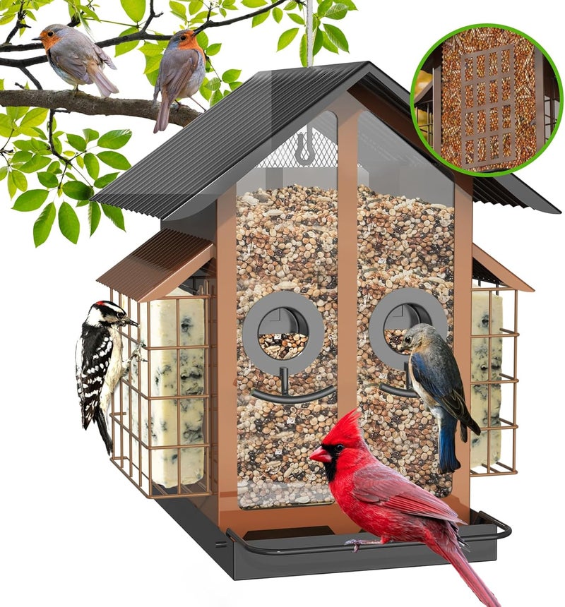 FlowaFoli Bird Feeders for Outdoors, Metal Bird Feeder with Double Suet Cage Weatherproof Metal Roof, 2 in 1 Mixed Seeds Suet Feeder, 4Lbs Large Capacity, Great for Finch、Cardinal、Chickadee（Brown） - Image 1